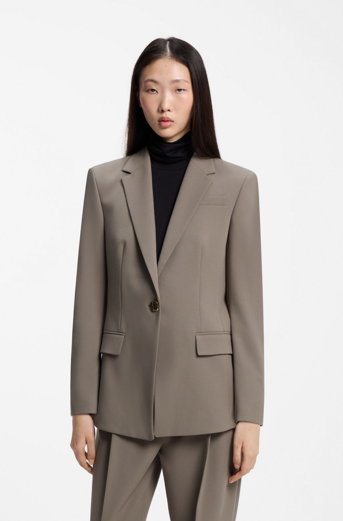 hbeu50574326_073 Regular-fit blazer with gold-tone button, Taupe