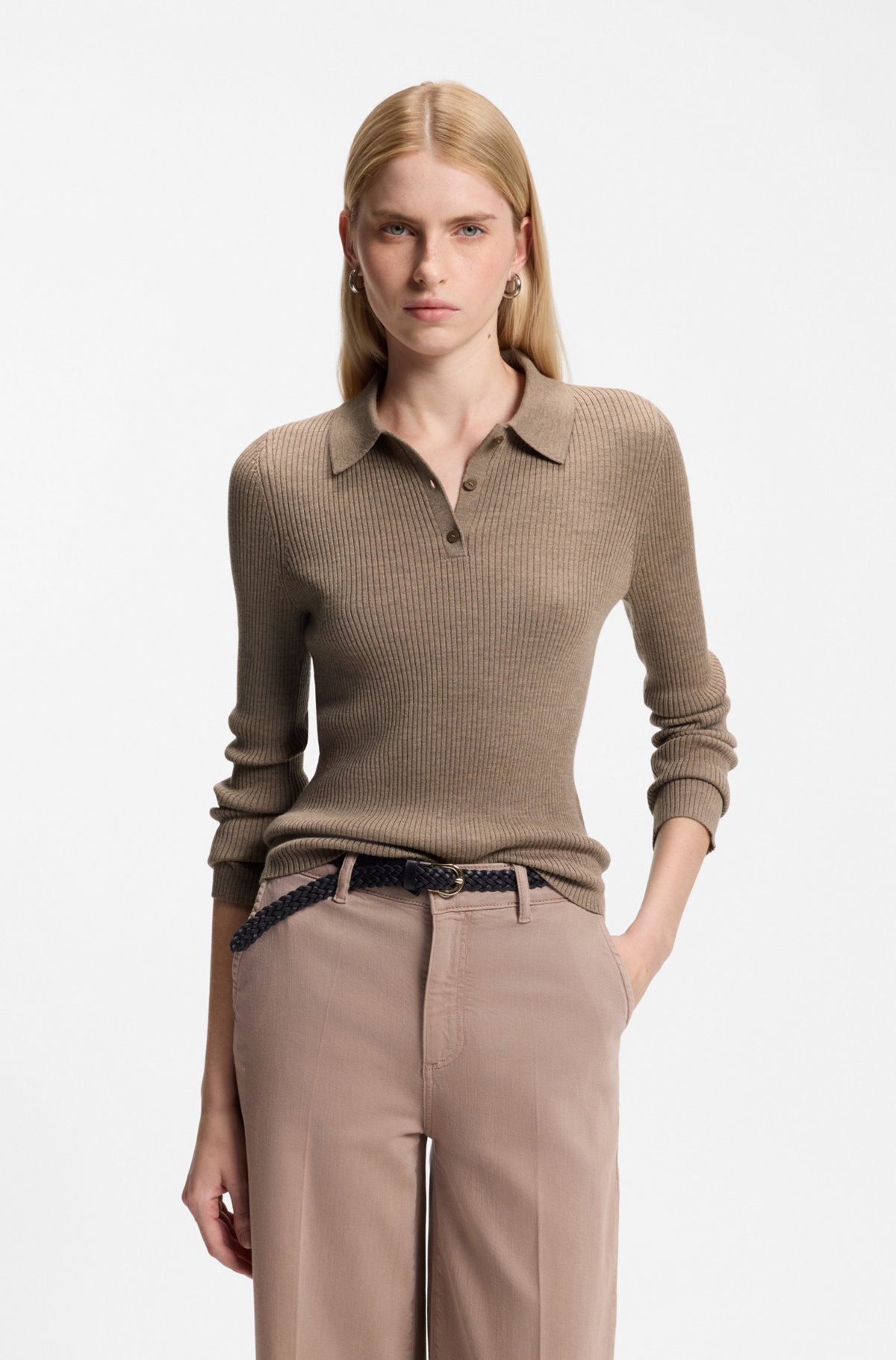 hbeu50574359_247-1 Merino-wool polo sweater, Light Brown
