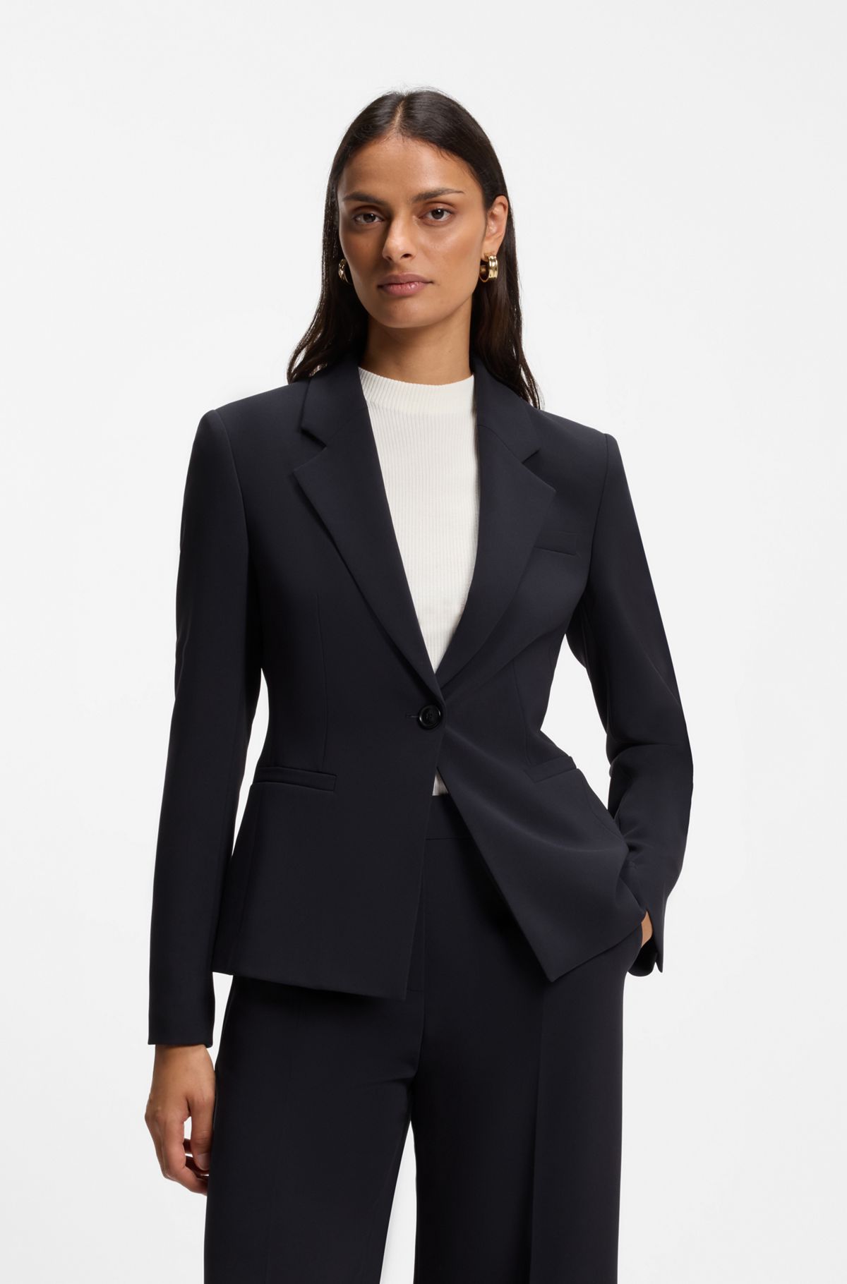 hbeu50574968_404 Slim-fit blazer in Japanese stretch crepe, Dark Blue
