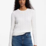 Cable-knit sweater in washed-effect cotton, White