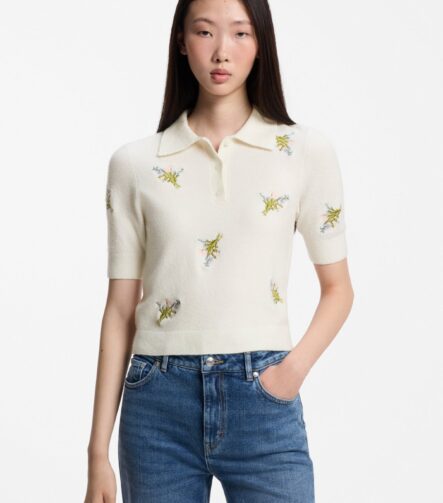Slim-fit knit polo with floral-bouquet embroidery, Patterned