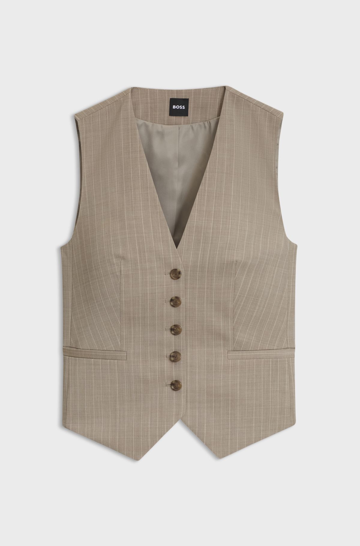 hbeu50577453_965 Slim-fit waistcoat in pinstripe virgin wool, Beige