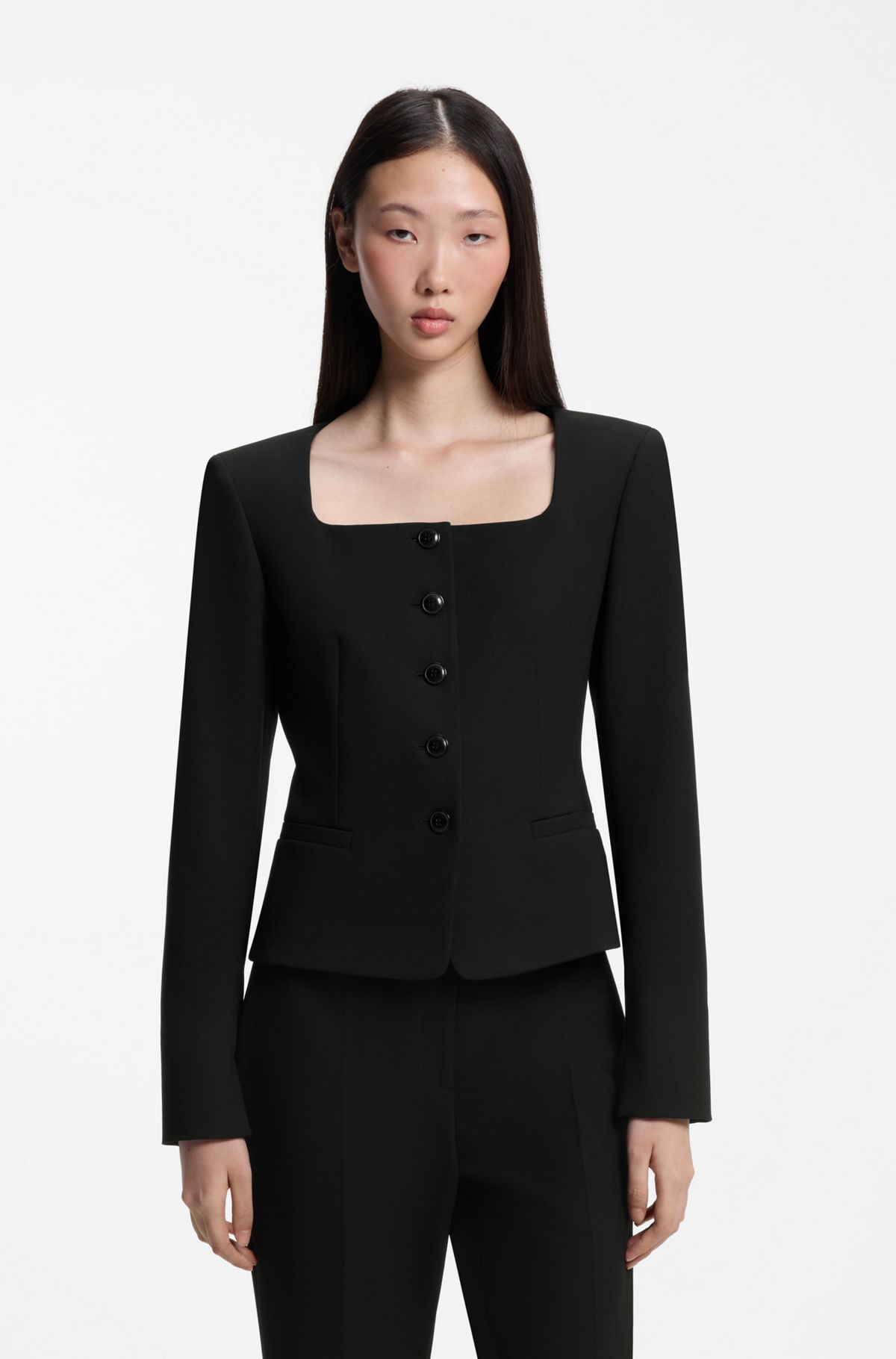 hbeu50581451_001 Slim-fit collarless blazer, Black